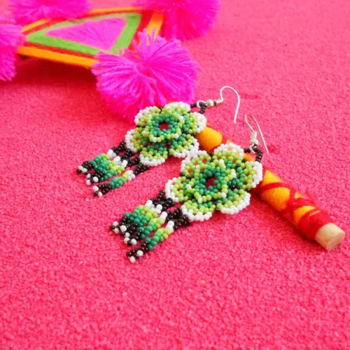 Huichol Small Beads Peyote Flower Earrings with Twisted Fringe