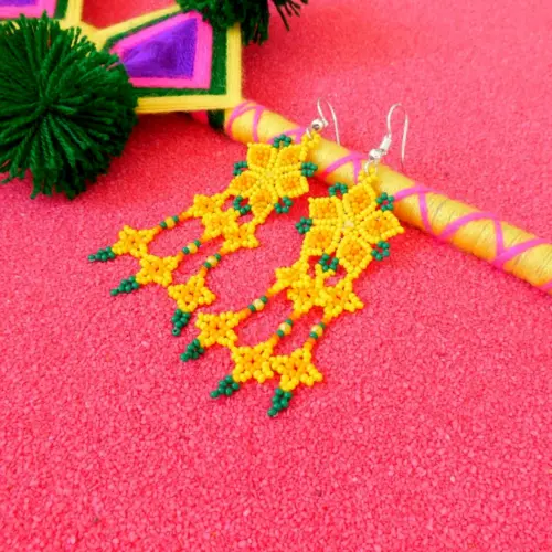 Huichol Beaded Flower Earrings – Yellow & Orange