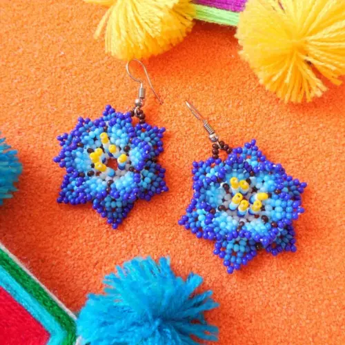 Huichol 3D Beaded Flower Earrings in blue and yellow