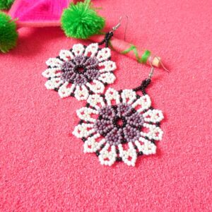 Huichol Beaded Chrysanthemum Flower Round Earrings