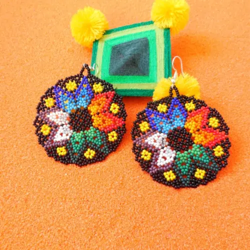 Huichol Rainbow Star Earrings – Multicolor Beaded Statement