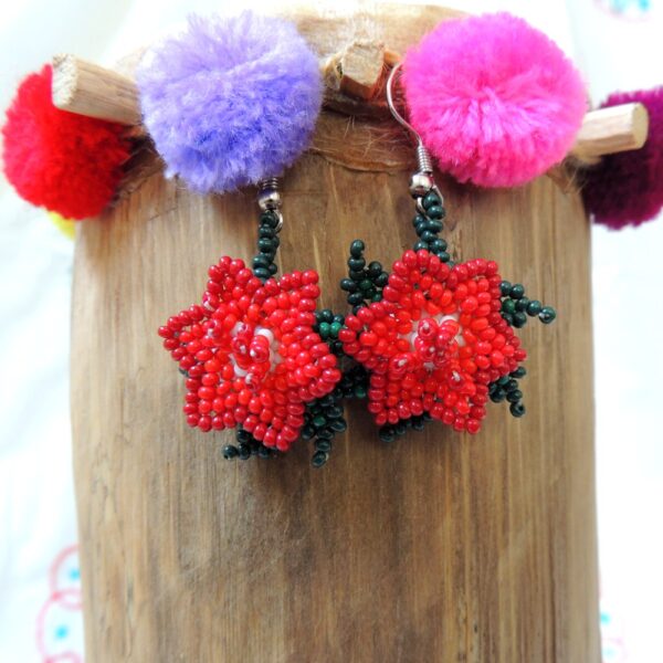 Huichol 3D Beaded Poinsettia Flower Earrings with Leaves