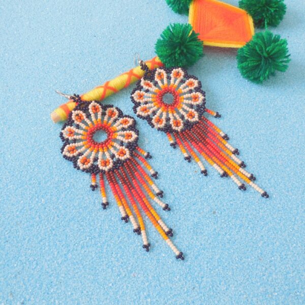 Huichol Beaded Chrysanthemum Earrings with Long Fringe