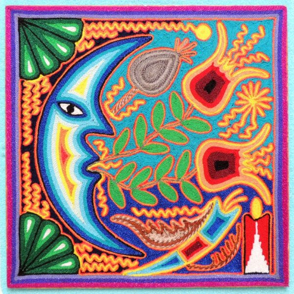 12" Huichol Art Yarn Painting Moon and Windflower