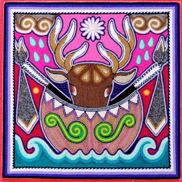12" Huichol Art Yarn Painting Deer and Jicara Bowl