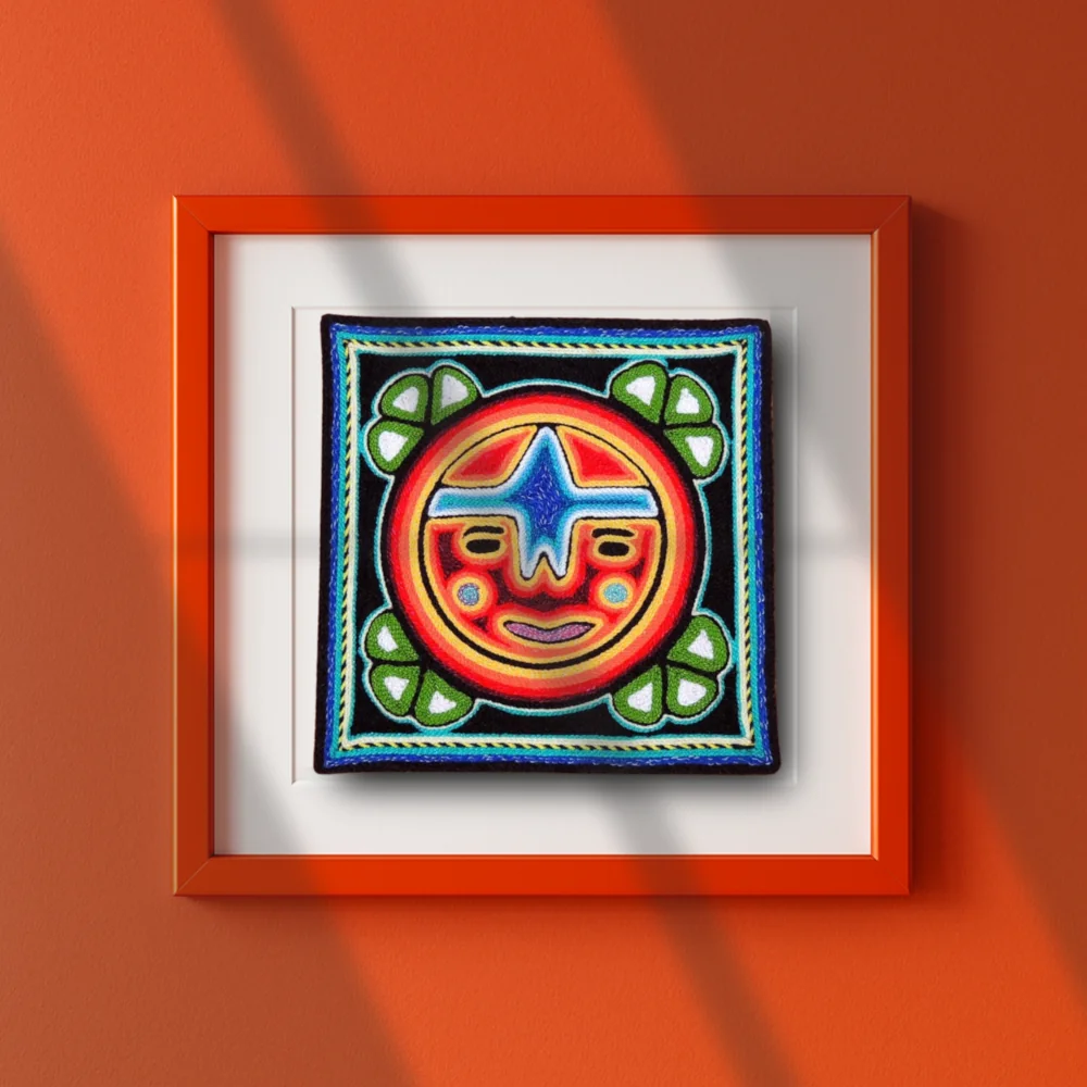 Framed Huichol peyote artwork displayed as wall decor mockup