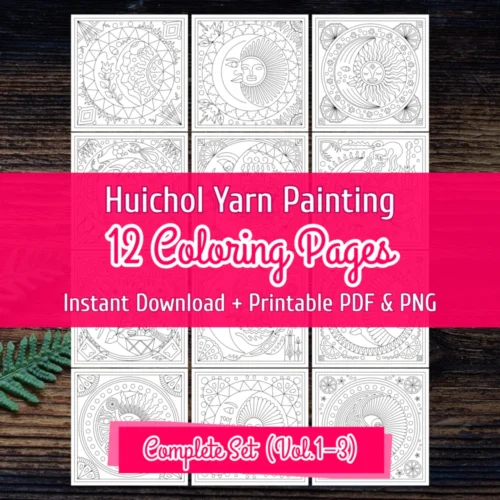 A coloring book titled "Huichol Yarn Painting, 12 Coloring Pages, and Instant Download + Printable PDF & PNG" features a black and white cosmic design. The text "Complete Set (Vol. 1 - 3)" is displayed on a pink banner.