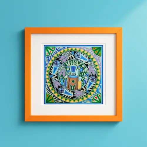 Printable Huichol yarn art showing a Wixárika shaman’s ritual with peyote, God’s Eye, and offerings for children’s protection and spiritual growth.