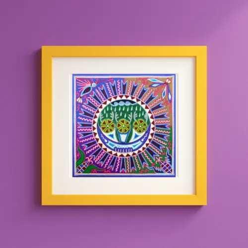Printable Huichol yarn art showing peyote, rain, corn, and hummingbird — a Wixárika symbol of fertility, nature, and spiritual harmony.