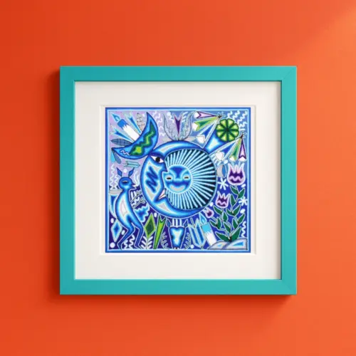 Printable Huichol yarn art showing sun and moon eclipse with deer, peyote, and sacred offerings — symbolizing harmony, balance, and cosmic unity.