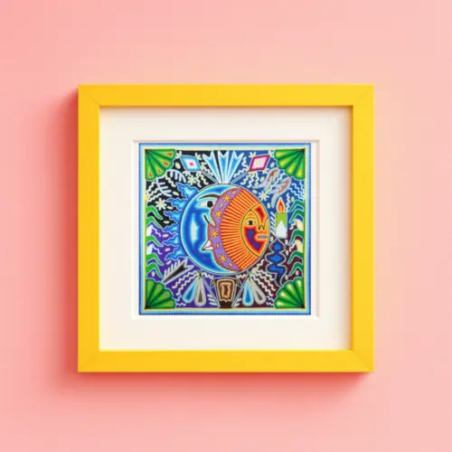 Printable Huichol yarn art depicting the sacred sun and moon eclipse with deer, God’s Eye, and candle — symbolizing harmony, balance, and cosmic unity.