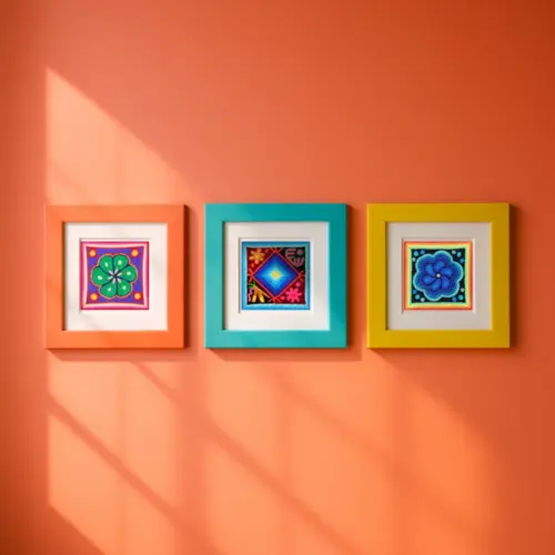 Three 4×4 inch Huichol-inspired mini printable artworks framed on a warm orange wall, featuring peyote, God’s eye, and a blue flower design. Front Image