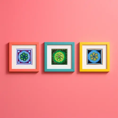 Three 4×4 inch Huichol-inspired mini peyote artwork prints in colorful frames on a pink wall. Front Image