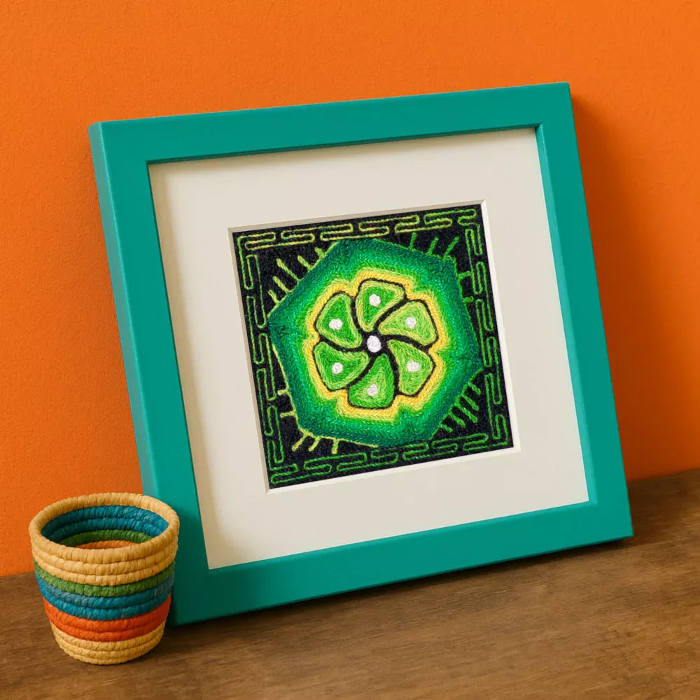Three 4×4 inch Huichol-inspired mini peyote artwork prints in colorful frames on a pink wall. Framed Image