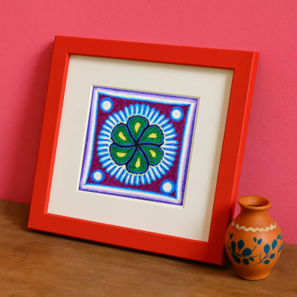 Three 4×4 inch Huichol-inspired mini peyote artwork prints in colorful frames on a pink wall. Framed Image