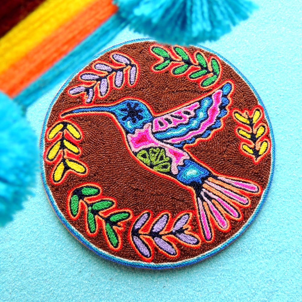 6" Huichol Art Round Yarn Painting Hummingbird