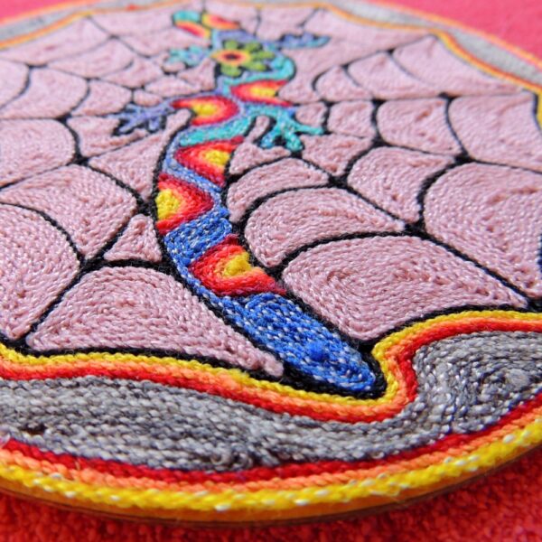 6" Huichol Art Round Yarn Painting Salamander