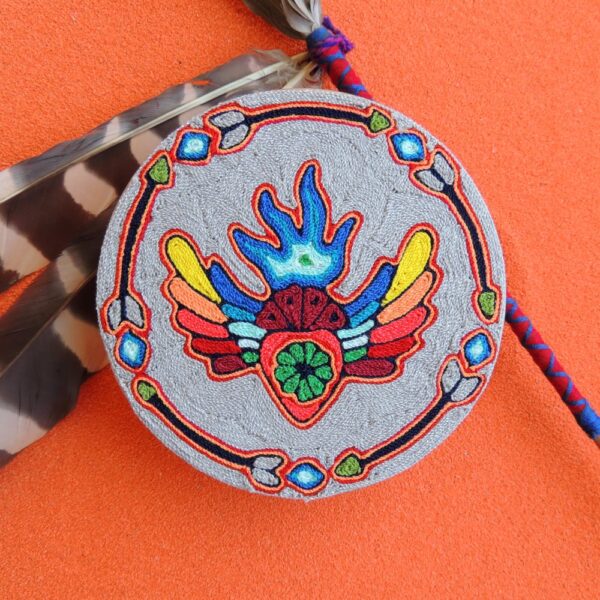6" Huichol Art Round Yarn Painting Milagro Heart with Peyotes