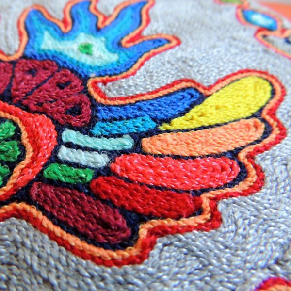 6" Huichol Art Round Yarn Painting Milagro Heart with Peyotes