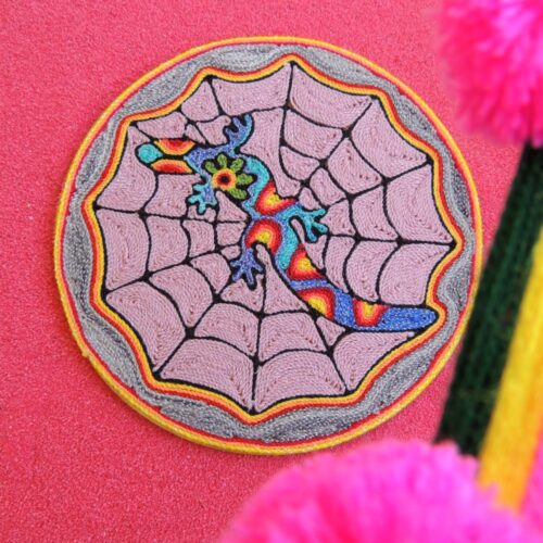6" Huichol Art Round Yarn Painting Salamander