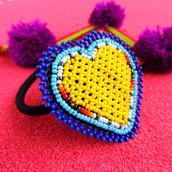 Huichol Beaded Yellow Heart Elastic Hair Tie