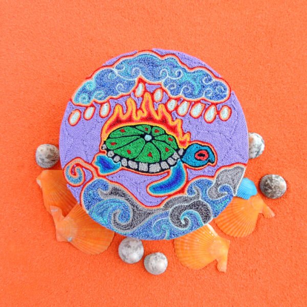 6" Huichol Art Round Yarn Painting Sea Turtle and Peyote