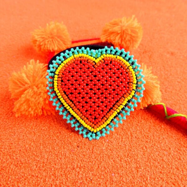 Huichol Beaded Orange Heart Elastic Hair Tie