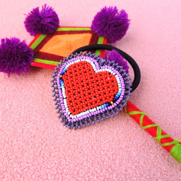 Huichol Beaded Red Heart Elastic Hair Tie