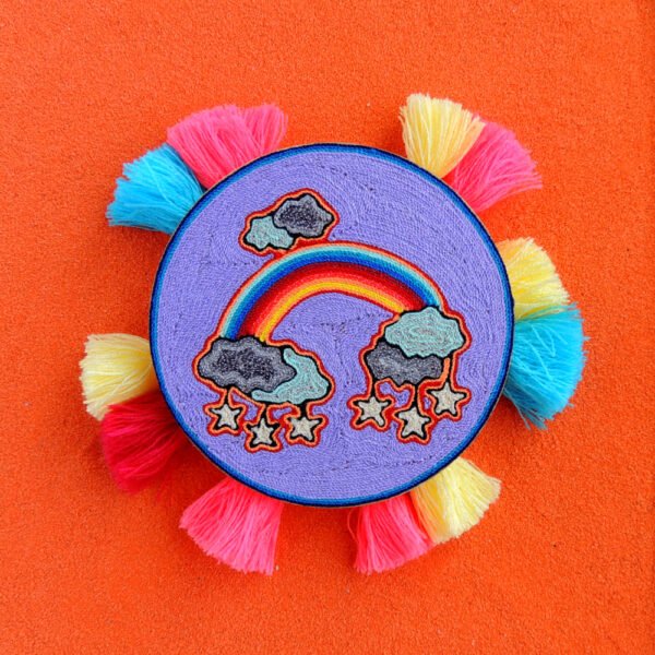 6" Huichol Art Round Yarn Painting Rainbow and Stars