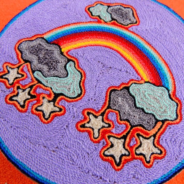 6" Huichol Art Round Yarn Painting Rainbow and Stars