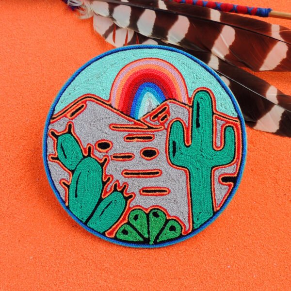 6" Huichol Art Round Yarn Painting Peyote and Cactus