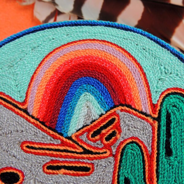 6" Huichol Art Round Yarn Painting Peyote and Cactus