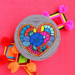 6" Huichol Art Round Yarn Painting Heart