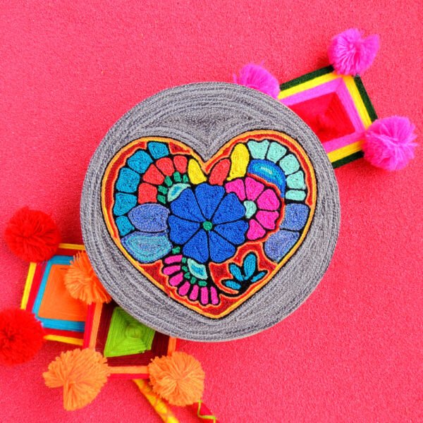 6" Huichol Art Round Yarn Painting Heart