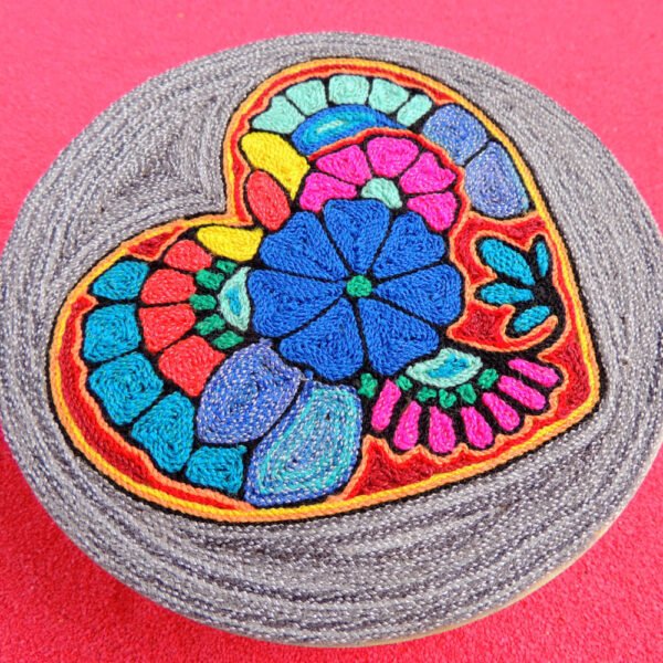 6" Huichol Art Round Yarn Painting Heart