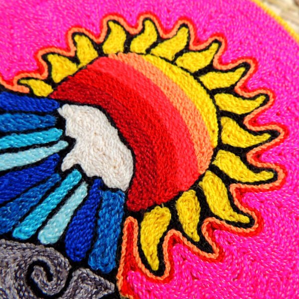 6" Huichol Art Round Yarn Painting Mountain and Sun