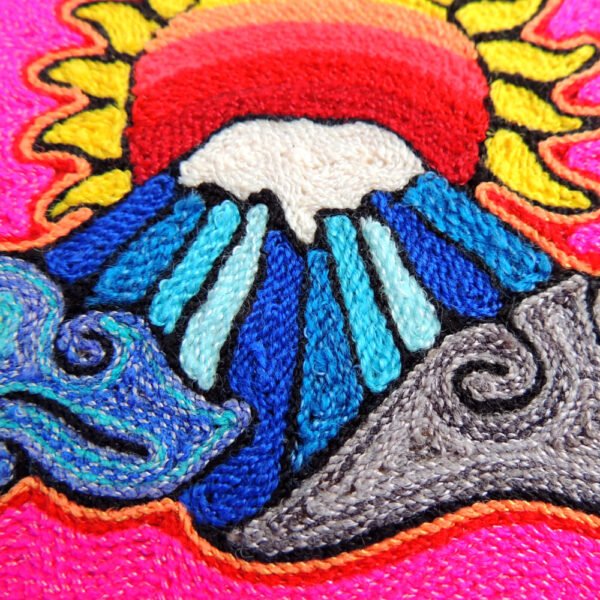 6" Huichol Art Round Yarn Painting Mountain and Sun