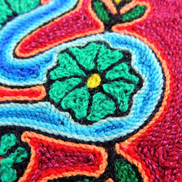 6" Huichol Art Round Yarn Painting Serpent and Peyote