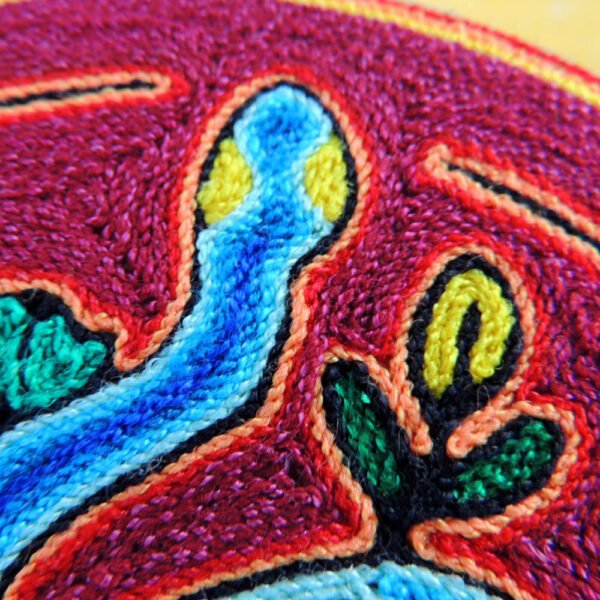 6" Huichol Art Round Yarn Painting Serpent and Peyote