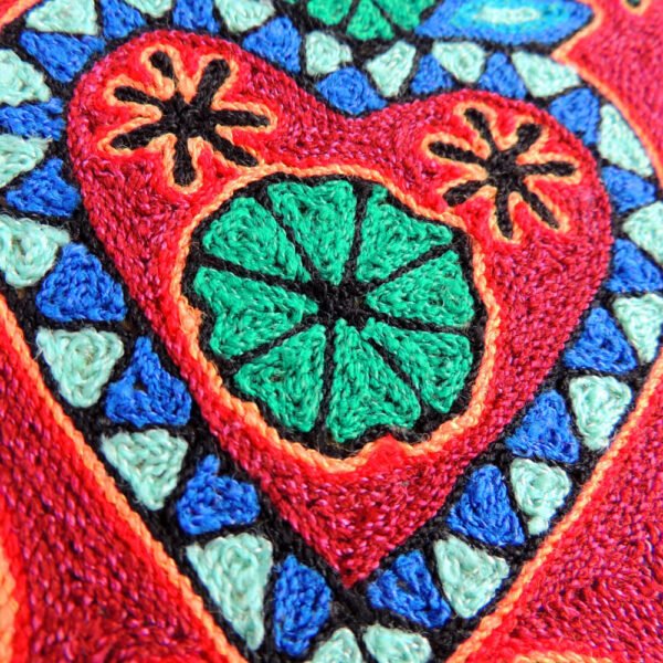 6" Huichol Art Round Yarn Painting Milagro Heart Corazon with Peyotes