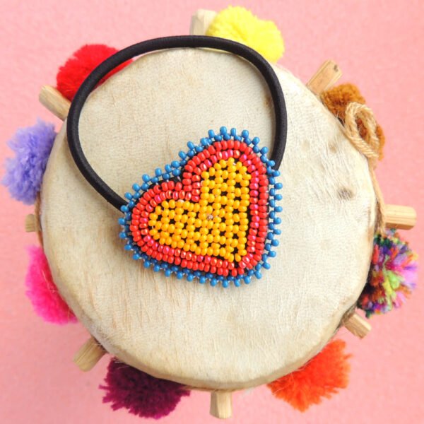 Huichol Beaded Heart Elastic Hair Tie Orange & Red