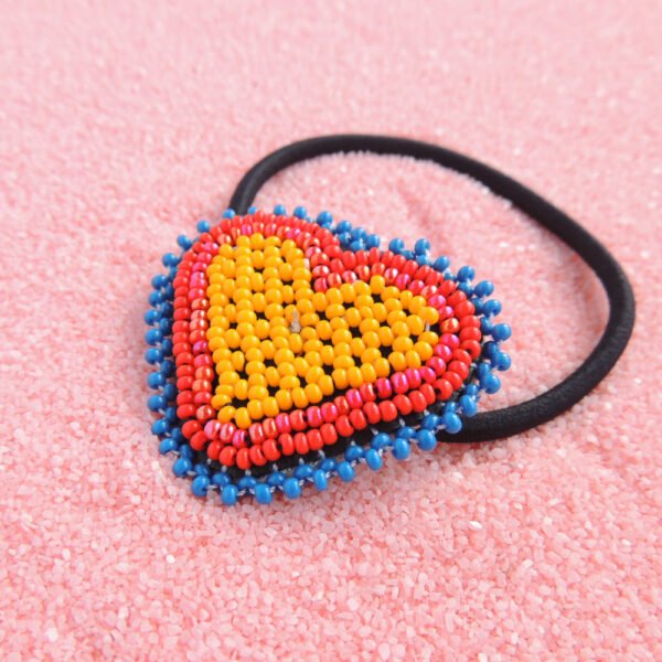 Huichol Beaded Heart Elastic Hair Tie Orange & Red