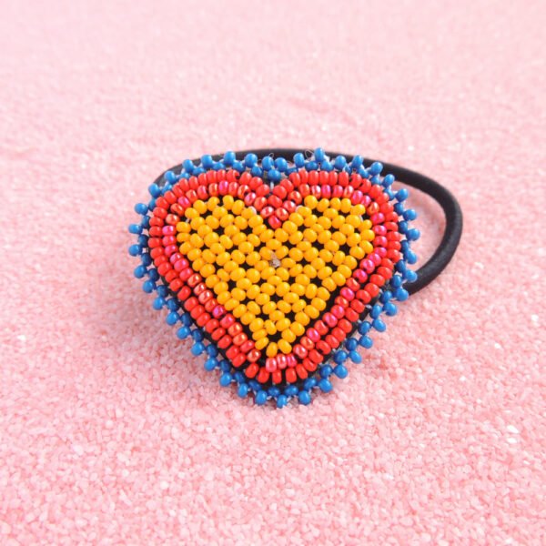 Huichol Beaded Heart Elastic Hair Tie Orange & Red