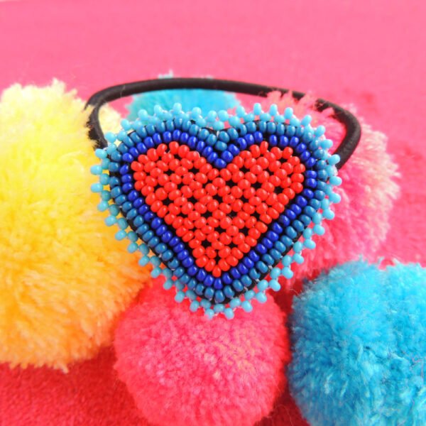 Huichol Beaded Heart Elastic Hair Tie Red & Blue