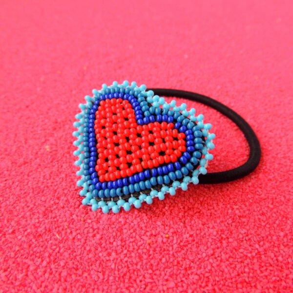 Huichol Beaded Heart Elastic Hair Tie Red & Blue