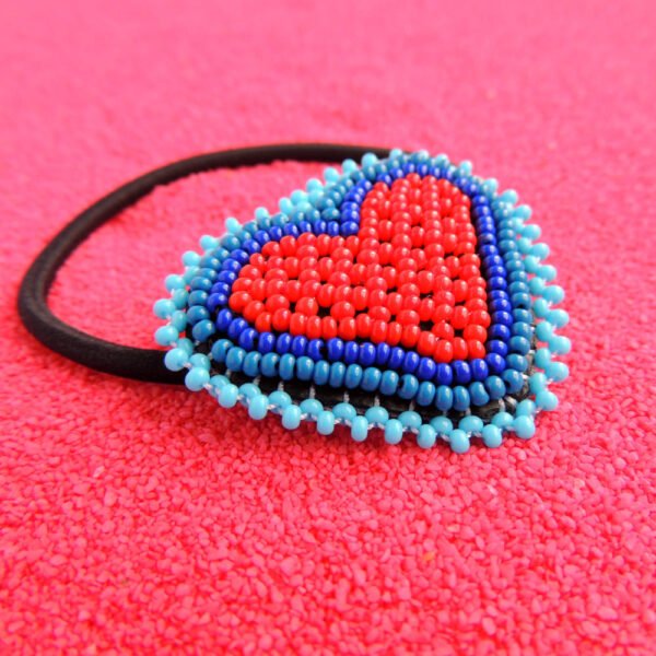 Huichol Beaded Heart Elastic Hair Tie Red & Blue