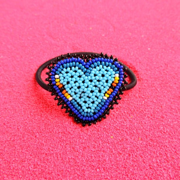 Huichol Beaded Heart Elastic Hair Tie Light Blue & Black