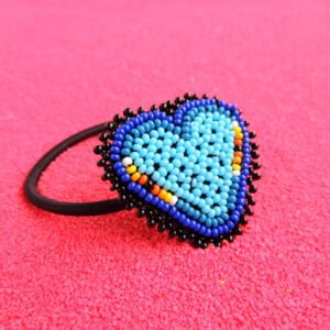 Huichol Beaded Heart Elastic Hair Tie Light Blue & Black