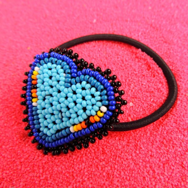 Huichol Beaded Heart Elastic Hair Tie Light Blue & Black