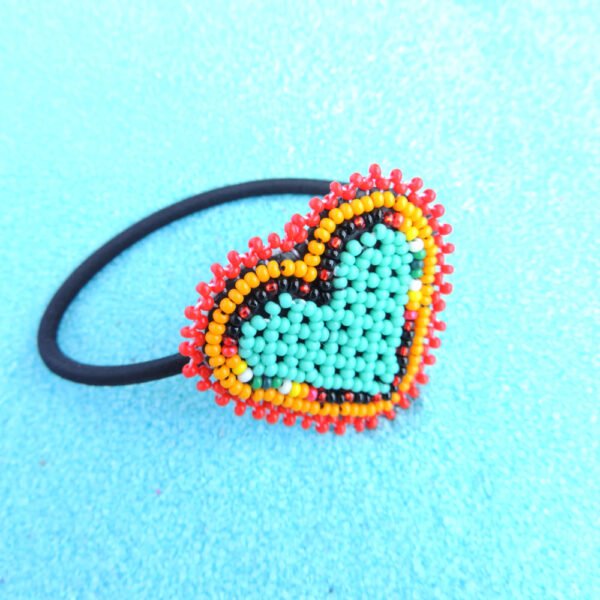 Huichol Beaded Heart Elastic Hair Tie Turquoise Blue & Orange